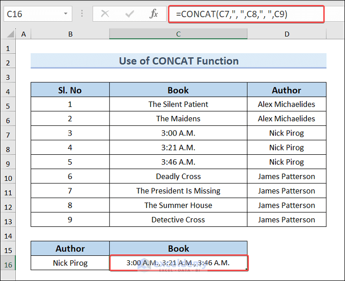 Use Concat function to merge rows in excel