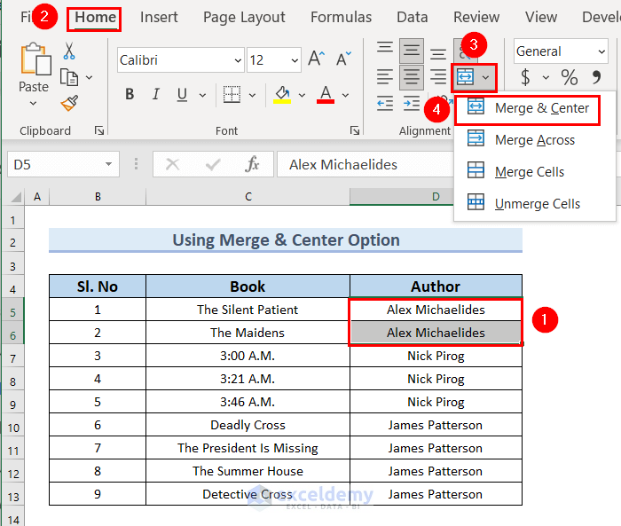 Use of Merge & Center Option to Merge Rows in Excel