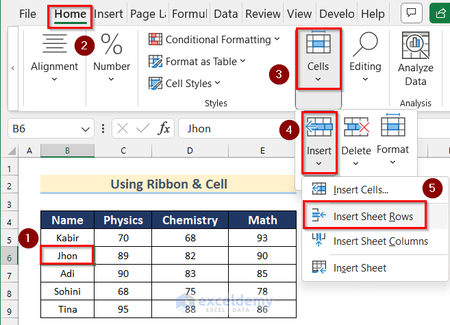 Use Ribbon & Cell to Insert a Row in Excel