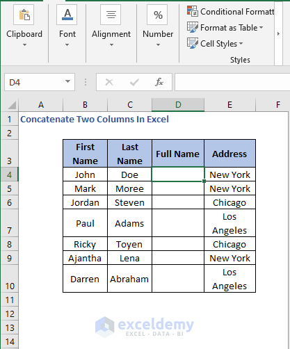 Full Name Column - Concatenate Two Columns In Excel