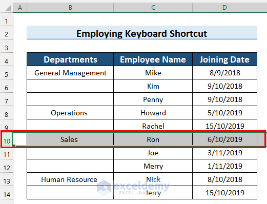 Using Keyboard Shortcut to Insert New Row in Excel