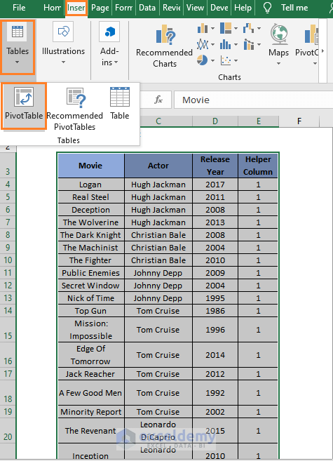 Select pivot table after filling helper