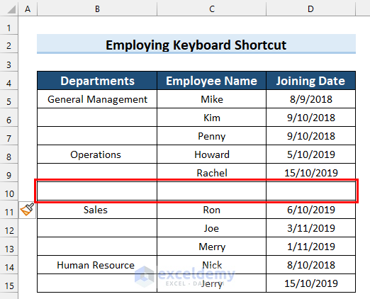 Final Output of Employing Keyboard Shortcut to Insert Row in Excel