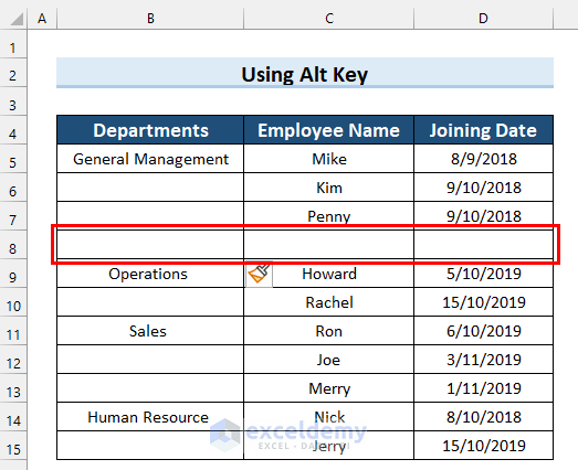 Final Output of Employing Alt Key to Insert New Row in Excel