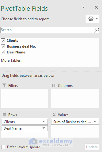 Selecting the options to create the pivot table