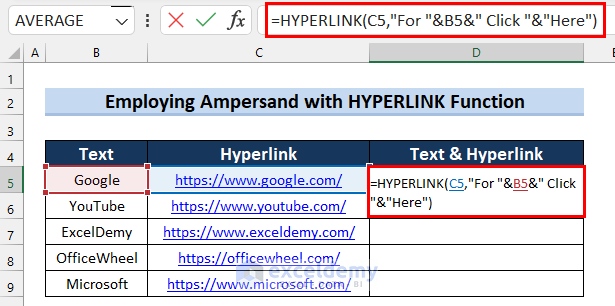 Employ Ampersand with HYPERLINK Function to Merge Text and Hyperlink in Excel Cell