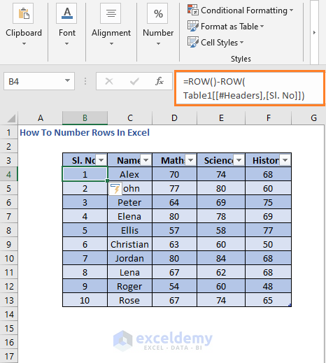 Number rows from table