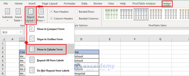 Creating tabular form from design tab