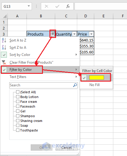 Selecting filter by color to find sum of colored product in the column