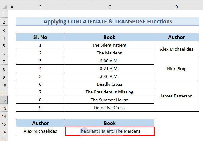 Applying CONCATENATE and TRANSPOSE Functions to Merge Rows in Excel