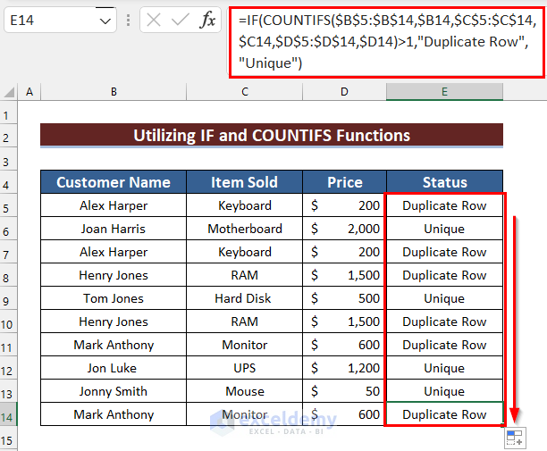 Dragging Fill Handle Down to Copy Formula and Remove Duplicates Based on Criteria in Excel