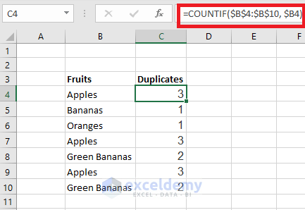 Find duplicates in Excel Using COUNTIF counting repeated times.