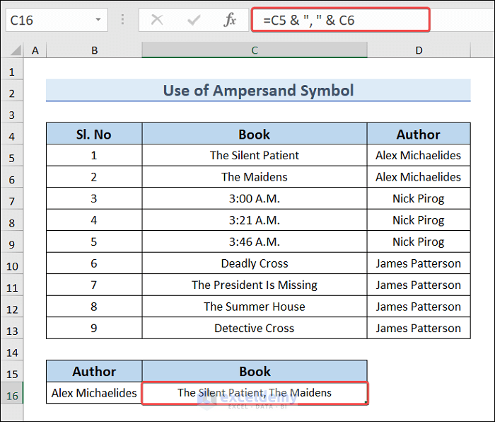 Use Ampersand sign to merge rows in excel