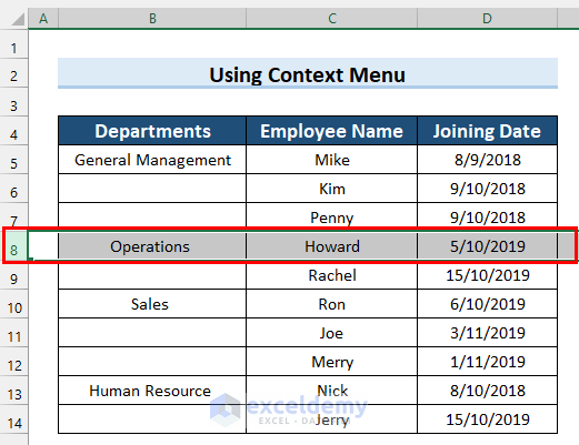 Selecting Row for Inserting New Row in Excel
