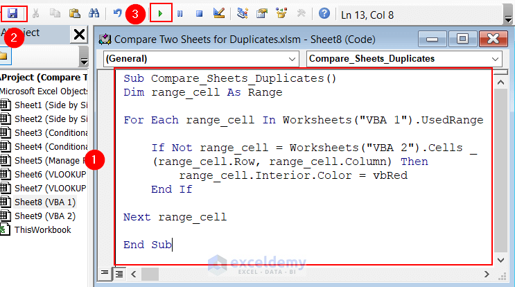 Inserting VBA to Compare Two Excel Sheets for Duplicates