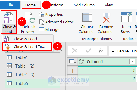 Loading the Dataset to Existing Worksheet to Transpose Columns to Rows In Excel