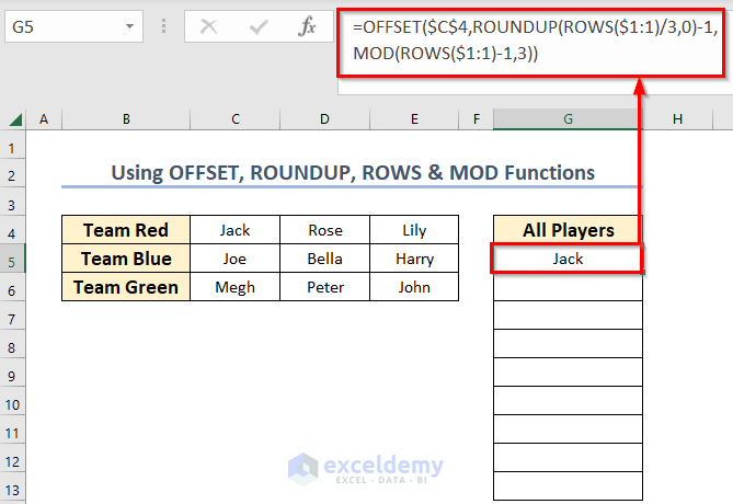 Convert Multiple Rows to Single Column in Excel using Combined Functions