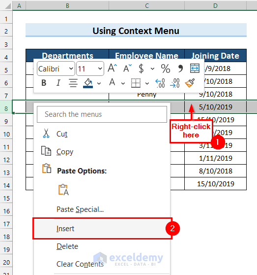 Selecting Insert Feature to Insert New Rows