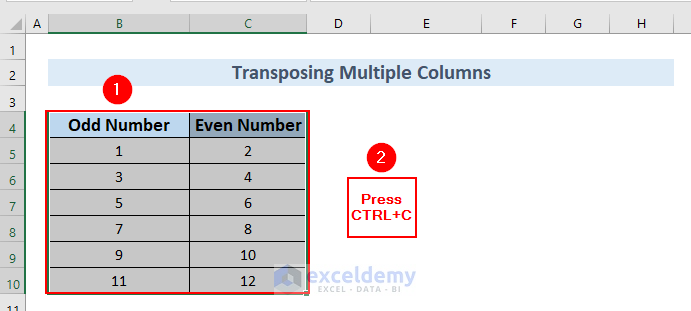 Use of Copy and Paste Feature to Transpose Multiple Columns to Rows In Excel