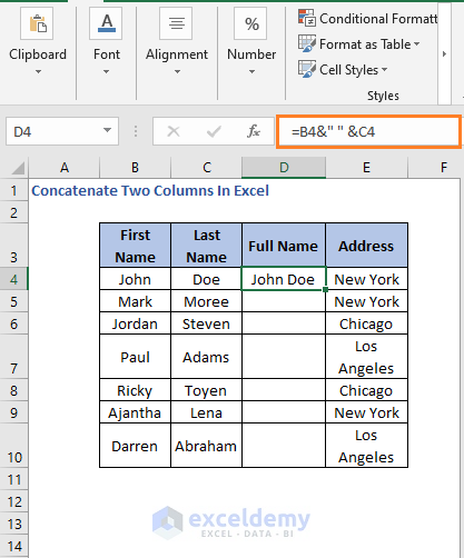 Ampersand formula result - Concatenate Two Columns In Excel