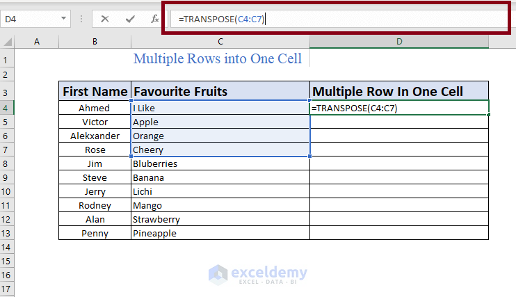 Using TRANSPONSE and CONCATENATE to combine multiple rows in one cell in Excel