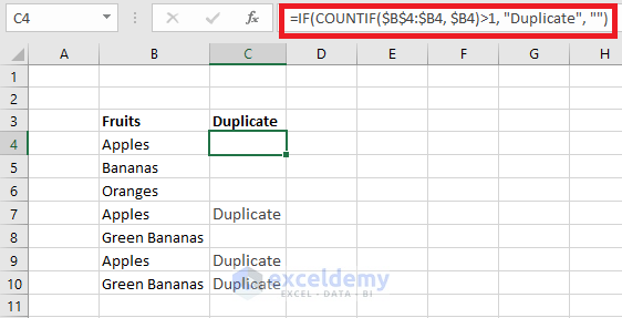 Using If with COUNTIF find only duplicate items in one column.
