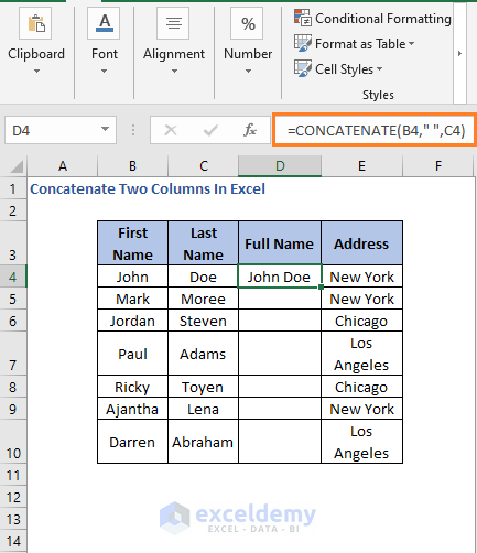 CONCATENATE Formula result - Concatenate Two Columns In Excel
