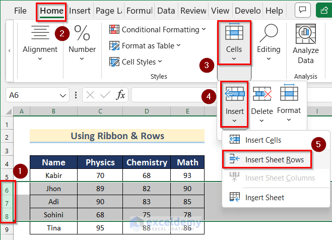 Use Ribbon & Rows to Insert a Row in Excel