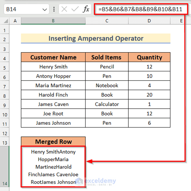 Insert Ampersand Operator to Merge Rows in Excel Without Losing Data