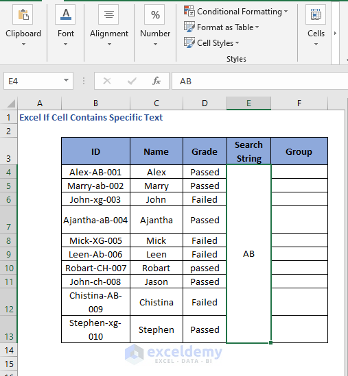 Search String set - Excel If Cell Contains Specific Text