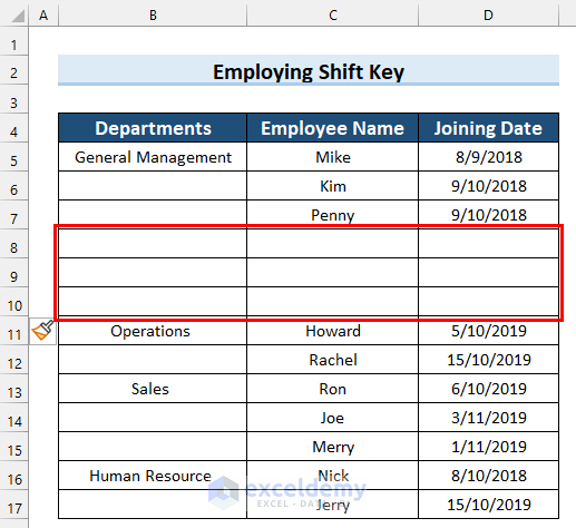 Adding 3 New Rows Using Shift Key And Insert Feature in Excel