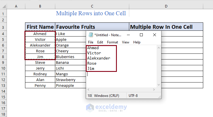 Using Formula Bar to Combine Multiple Rows into One Cell