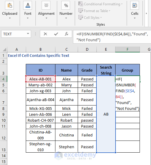 IF FIND Formula code to check cell contains specific text 