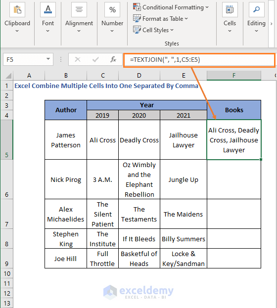 Cell Range in TEXTJOIN - Excel Combine Multiple Cells Into One Separated By Comma