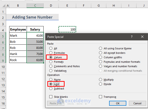 Add the Same Number to Multiple Cells in Excel