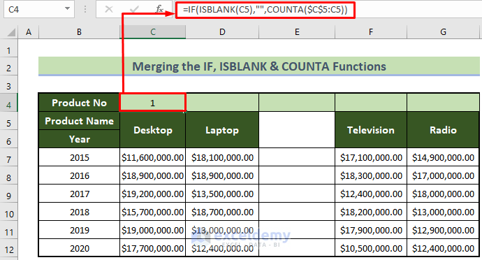 Merging IF, ISBLANK, COUNTA Functions to Number Columns Automatically in Excel