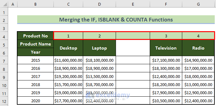 Automatically Numbered Columns with Blank Columns in Excel