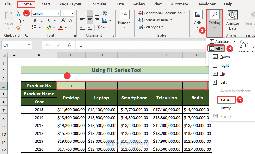 Choose the Series Option to Number Columns Automatically in Excel