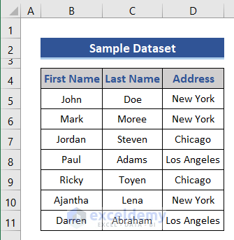 Dataset to show how to Concatenate Two Columns in Excel