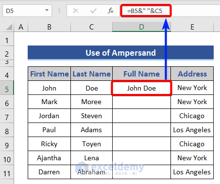 Ampersand Formula - Concatenate Two Columns In Excel