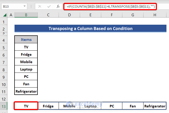 Transpose a column based on condition