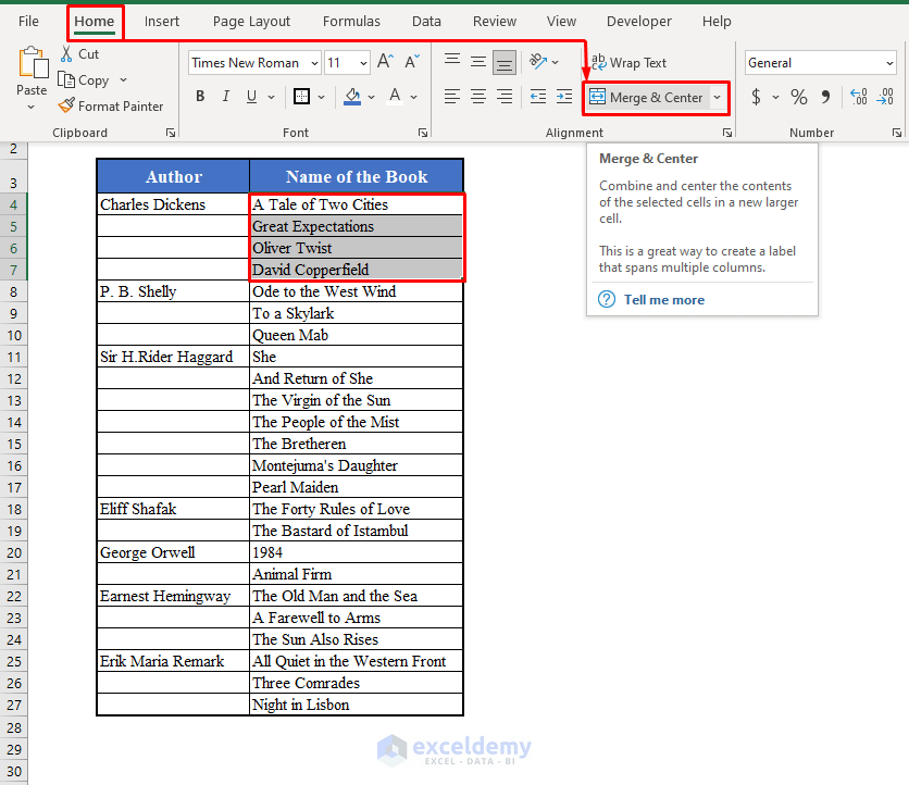 Merge & Center Tool in Excel Toolbar