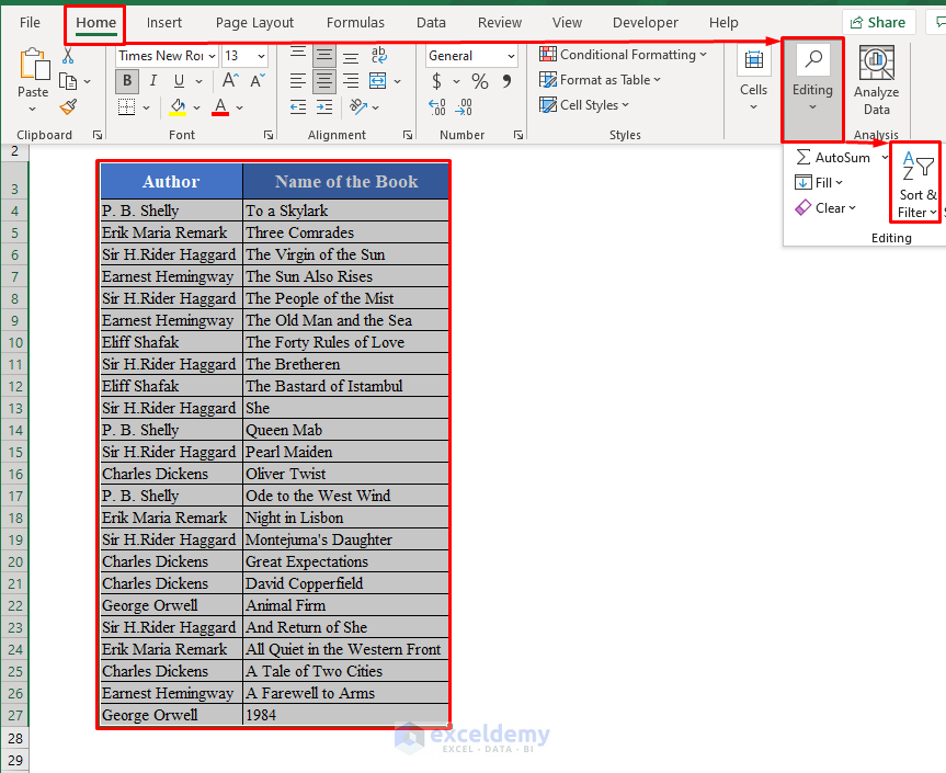 Sort & Filter Tool in Excel Toolbar
