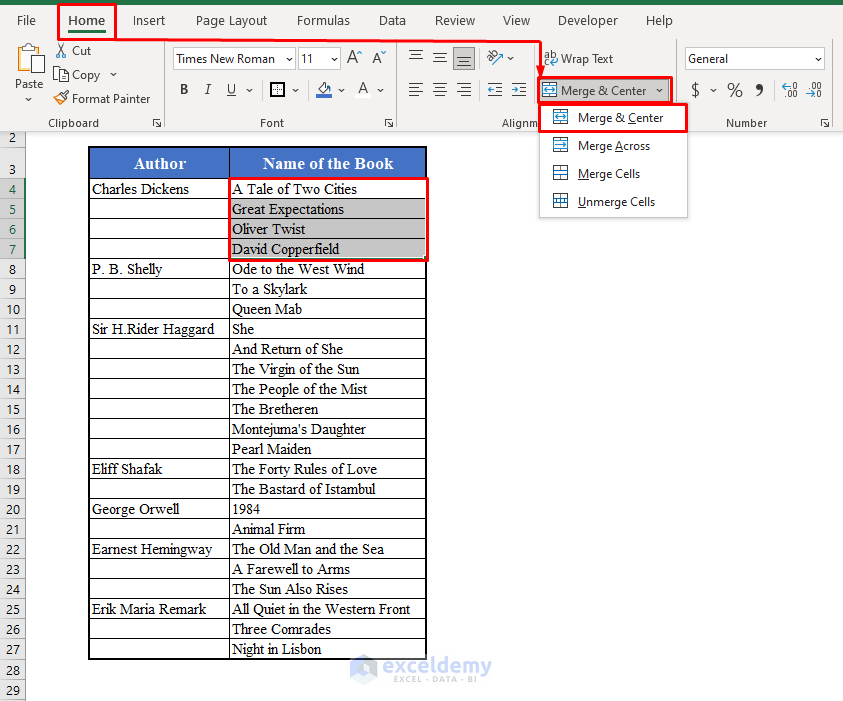 Merge & Center Option in Excel