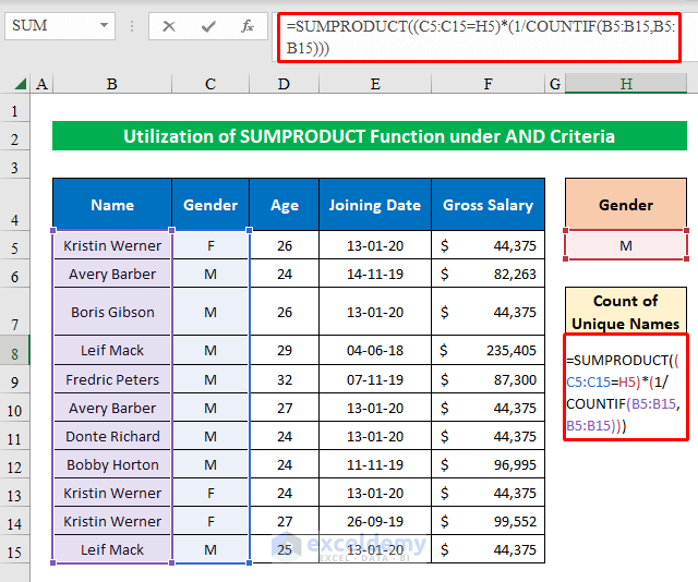 Formula of SUMPRODUCT under AND Criteria to Count Unique Names with Criteria