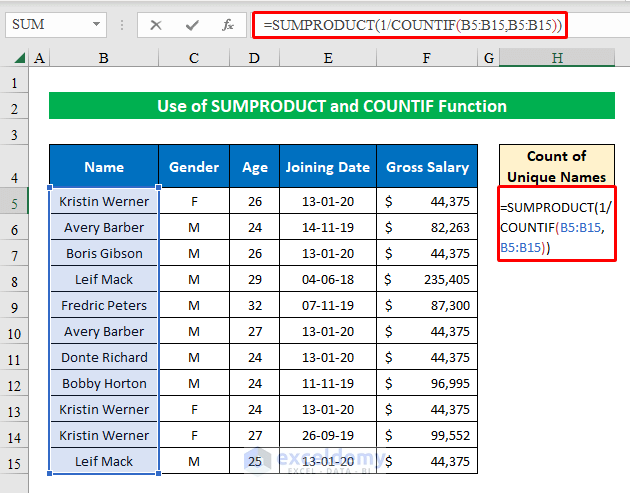 Formula of SUMPRODUCT, and COUNTIF to Count Unique Names