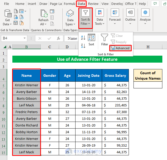 Clicking Advanced Sort and Filter feature from Data tab