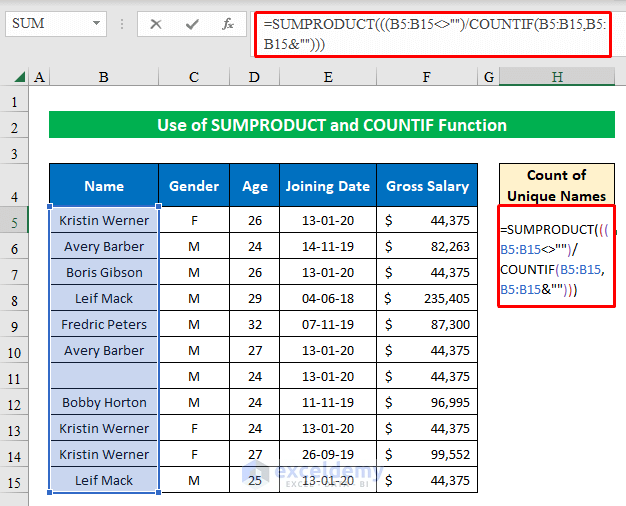 Formula of SUMPRODUCT and COUNTIF to count unique names with blank cells
