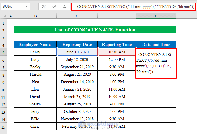 Using CONCATENATE Function to combine date and time in one cell