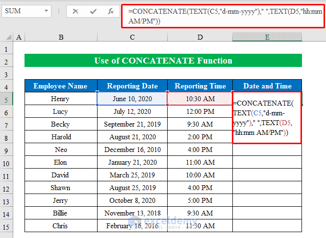 Using CONCATENATE Function to combine date and time in one cell